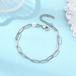 Shell Pearl & 304 Stainless Steel Paperclip Chain Bracelets for Women, Stainless Steel Color, 7.17 inch(18.2cm)(BJEW-JB13820)