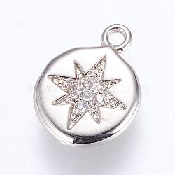 Brass Charms, with Cubic Zirconia, Flat Round with Star, Platinum, 13x9.5x2mm, Hole: 1mm(ZIRC-G116-08P)