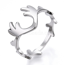 Non-Tarnish 304 Stainless Steel Deer Antler Adjustable Ring for Women, Stainless Steel Color, US Size 6 1/2(16.9mm)(X-RJEW-T027-06P)