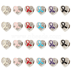 24Pcs 6 Colors Platinum Tone Alloy Rhinestone European Beads, Large Hole Heart Beads with Enamel, Heart with Awareness Ribbon, Mixed Color, 9.5x9.5x8.5mm, Hole: 4mm, 4Pcs/color(MPDL-OC0001-02)
