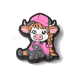 Calf with Pink Hat and Braids Cow Girl Silicone Focal Beads, Silicone Teething Beads, Cattle Shape, Pink, 29x27x8mm, Hole: 3mm(SIL-M006-03C)