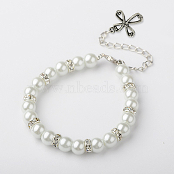 Cross Glass Pearl Beads Bracelets, with Brass Rhinestone Beads, Alloy Cross Pendants and Brass Lobster Claw Clasps, Antique Silver Metal Color, White, 7-1/8 inch(18cm), Cross: 22.5x17x2mm(X-BJEW-JB01421-01)