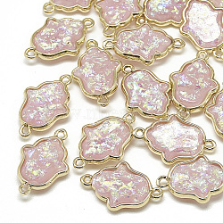 Resin Links connectors, with Golden Tone Brass Findings, Hamsa Hand/Hand , Pink, 20.5x13x4.5mm, Hole: 1mm(RESI-Q185-03A)