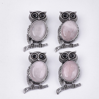 Natural Rose Quartz Brooches/Pendants, with Rhinestone and Alloy Findings, Owl, Antique Silver, 51x28~29x15~16.5mm, Hole: 4.5x8.5mm, Pin: 0.5mm
