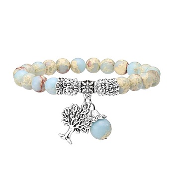 8mm Natural Aqua Terra Jasper Stretch Bracelets, Tree of Life Alloy Charm  Bracelets for Women Men, Antique Silver