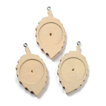 Wooden Pendant Cabochon Settings, Pendant Base, Leaf, Blanched Almond, Tray: 25mm, 55.5x29.5~30.5x5mm, Hole: 2mm, 20pcs/set