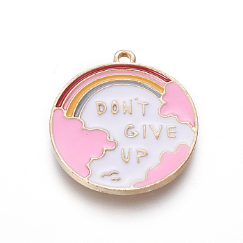 Zinc Alloy Enamel Pendants, Flat Round with Rainbow & Word Don't Give Up, Light Gold, Colorful, 24x21x1.7mm, Hole: 1.6mm