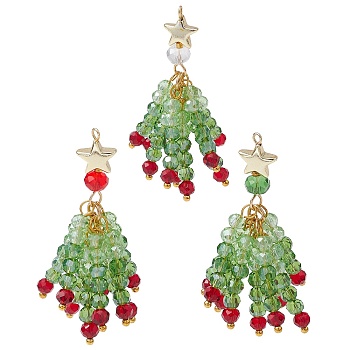 3Pcs Glass Beaded Tassel Big Pendants, with Star Non-magnetic Synthetic Hematite Beads, Lawn Green, 51.5x23x22mm, Hole: 1.6mm