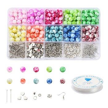 DIY Jewelry Making Kits, 450Pcs Donut/Round Glass Seed & CCB & ABS Plastic & Iron Beads, Iron Findings, Elastic Crystal Thread, Mixed Color, Glass Beads: 300pcs/set