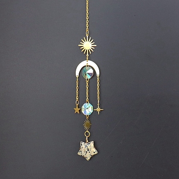 Natural Dalmatian Jasper Star Sun Catcher Hanging Ornaments with Brass Sun, for Home, Garden Decoration, Golden, 400mm