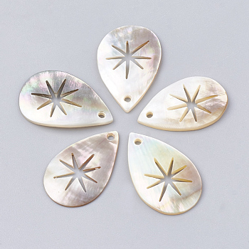 Black Lip Shell Pendants, Teardrop with Star, Seashell Color, 28.5~31x17~20x1.5~2.5mm, Hole: 1.5mm