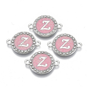 Alloy Enamel Links Connectors, with Crystal Rhinestones, Flat Round with Letter, Silver Color Plated, Letter.Z, 22x16x2mm, Hole: 1.8mm