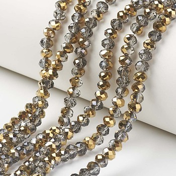 Electroplate Transparent Glass Beads Strands, Half Golden Plated, Faceted, Rondelle, Goldenrod, 4x3mm, Hole: 0.4mm, about 113~115pcs/strand, 41~42cm