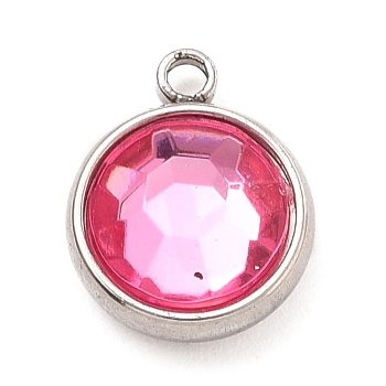 304 Stainless Steel Charms, with Acrylic Rhinestone, Birthstone Charms, Faceted, Flat Round, Stainless Steel Color, Light Rose, 12x10x4.4mm, Hole: 1.3mm