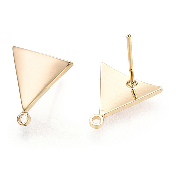 Brass Stud Earring Findings, with Loop, Triangle, Nickel Free, Real 18K Gold Plated, 13.5x13mm, Hole: 1mm, Pin: 0.8mm