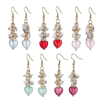 Synthetic White Howlite Chips & Glass Heart Dangle Earrings, Cluster Earrings with 304 Stainless Steel Pins, Mixed Color, 59x12.5mm