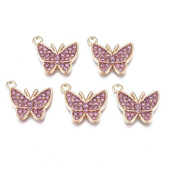 Alloy Pendants, with Rhinestone, Cadmium Free & Nickel Free & Lead Free, Light Gold, Butterfly, Rose, 15x17x3mm, Hole: 1.6mm