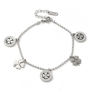 Rhinestone Clover Charm Bracelet, with 304 Stainless Steel Ball Chains, Stainless Steel Color, 7-1/4 inch(18.5cm)
