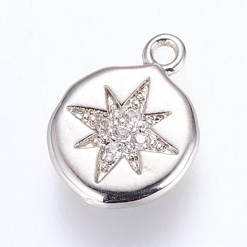 Brass Charms, with Cubic Zirconia, Flat Round with Star, Platinum, 13x9.5x2mm, Hole: 1mm