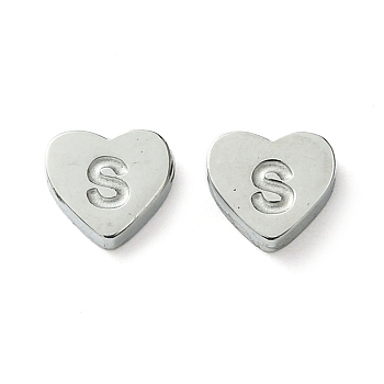 316 Surgical Stainless Steel Beads, Love Heart with Letter Bead, Stainless Steel Color, Letter S, 5.5x6.5x2.5mm, Hole: 1.4mm