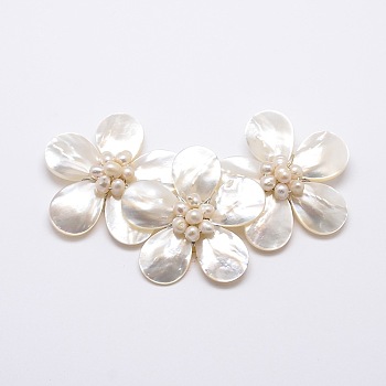 Natural White Shell Mother of Pearl Shell Flower Big Pendants, with Platinum Plated Brass Findings and Shell Pearl, Floral White, 45x110x16mm, Hole: 3x5mm