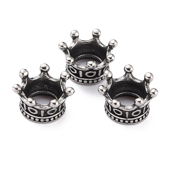 316 Surgical Stainless Steel European Beads, Large Hole Beads, Crown, Antique Silver, 6x10mm, Hole: 5mm