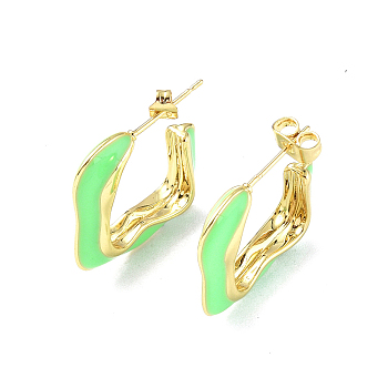 Enamel Twist Square Stud Earrings, Real 18K Gold Plated Brass Half Hoop Earrings for Women, Lawn Green, 23x21.5x5.5mm, Pin: 0.8mm
