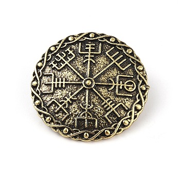 Tibetan Style Alloy Brooches, Viking Runes Compass Coin, Antique Bronze, 34x34x3.5mm