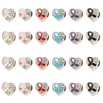 24Pcs 6 Colors Platinum Tone Alloy Rhinestone European Beads, Large Hole Heart Beads with Enamel, Heart with Awareness Ribbon, Mixed Color, 9.5x9.5x8.5mm, Hole: 4mm, 4Pcs/color
