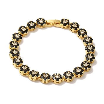 Rack Plating Brass Pave Cubic Zirconia Flower Link Chain Bracelets for Women, Lead Free & Cadmium Free, Real 18K Gold Plated, Black, 7-1/2 inch(19cm)