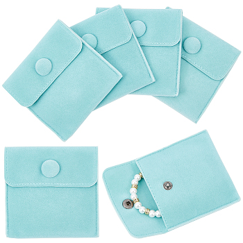 Square Velvet Jewelry Bags, with Snap Fastener, Turquoise, 7x7x0.95cm