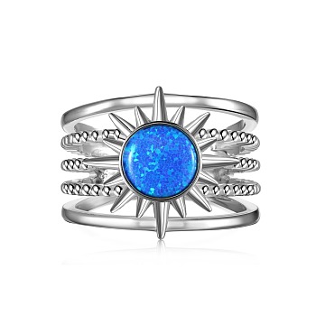 Sun Rhodium Plated 925 Sterling Silver Wide Band Rings, with Synthetic Opal, Real Platinum Plated, US Size 6 3/4(17.1mm)