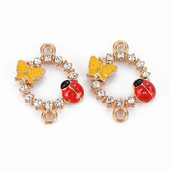 Alloy Links Connectors, with Enamel and Crystal Rhinestone, Light Gold, Ring with Ladybird & Butterfly, Gold & Red, Mixed Color, 22x18x3mm, Hole: 2mm