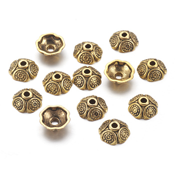 Tibetan Style Bead Caps, Antique Golden, Lead Free, Cadmium Free and Nickel Free, Flower, Size: about  9mm in diameter, 4mm thick, hole: 1mm