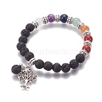 Chakra Jewelry, Natural Lava Rock Bracelets, with Metal Tree Pendants, 50mm(BJEW-I273-A07)