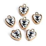 Printed Handmade Porcelain with Brass Pendants, Heart with Flower Charms, Golden, Marine Blue, 18.5x15x7.5~8mm, Hole: 2.5mm(PR-CBAB520-10G)