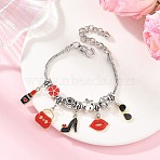 Makeup Theme Alloy Enamel Lipstick Handbag Shoe Charm Brass European Bracelets for Women, Antique Silver & Golden, Red, 7.56 inch(19.2cm)(BJEW-JB14237-01)