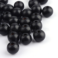 Dyed Natural Wood Beads, Round, Black, 8x7mm, Hole: 3mm, about 6000pcs/1000g(WOOD-S662-7x8mm-06)