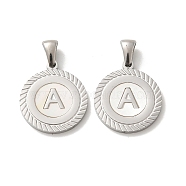 304 Stainless Steel Pendants, Flat Round Shell Charms with Letter, Stainless Steel Color, Letter A, 20.5x17.5x1.5mm, Hole: 2.5x4.5mm(STAS-I204-A-P)