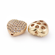 Brass Micro Pave Cubic Zirconia Beads, Heart, Clear, Golden, 10.5x11x6mm, Hole: 1mm(ZIRC-E164-65G)