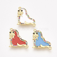 Brass Micro Pave Cubic Zirconia Links, with Enamel, Sea Lion, Golden, Mixed Color, 17.5x16.5x2mm, Hole: 1mm(ZIRC-S061-126)