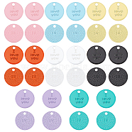 SUPERFINDINGS 48Pcs 8 Colors Spray Painted Alloy Charms, Cadmium Free & Lead Free, Flat Round with Phrase I Love You, Mixed Color, 13x13x1.5mm, Hole: 1.6mm, 6pcs/color(FIND-FH0002-71)