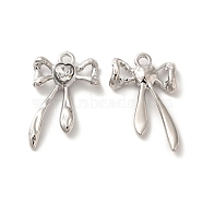 Rack Plating Alloy Charms, with Glass, Nickel Free, Bowknot with Heart Charms, Platinum, Clear, 25x16x3.5mm, Hole: 1.8mm(PALLOY-O106-10P-02)