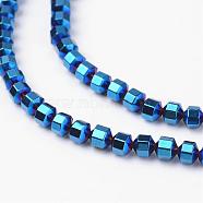 Non-Magnetic Synthetic Hematite Beads Strands, Blue Plated, 4x4mm, Hole: 0.8mm, about 100pcs/strand, 15.7 inch(G-D800-12D)