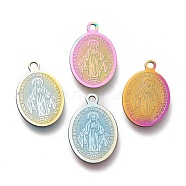 Ion Plating(IP) 304 Stainless Steel Charms, Laser Cut, Oval, Miraculous Medal, Rainbow Color, 18.5x12.5x0.5mm, Hole: 1.4mm(STAS-M228-R01-M)