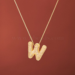 Brass Micro Pave Clear Cubic Zirconia Initial Pendant Necklaces for Women, Golden, Letter W, 15.75 inch(40cm)(FS-WGDC51D-23)