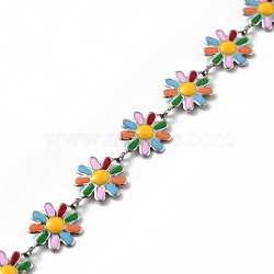 304 Stainless Steel Flower Link Chains, with Enamel, Soldered, with Spool, Colorful, 10x1~2mm(CHS-C004-02P)