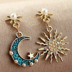 Enamel Moon & Sun Asymmetrical Earrings with Plastic Pearl Beaded, Golden Alloy Dangle Stud Earrings for Women, Turquoise, 35~36mm(PW23040498561)