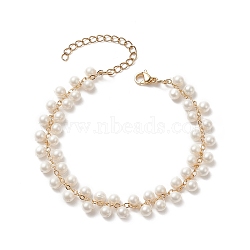 Shell Pearl Round Beaded Charm Bracelet, Golden Brass Jewelry for Women, White, 7-1/4 inch(18.5cm)(BJEW-TA00219)