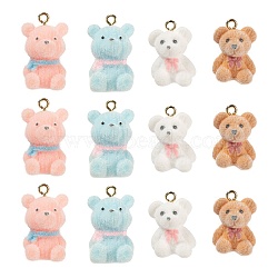 8Pcs 2 Style Flocky Resin Pendants, with Alloy Findings, Bear, Mixed Color, 22~26x15~17x12~16mm, Hole: 2mm, 4pcs/style(RESI-LS0001-47)